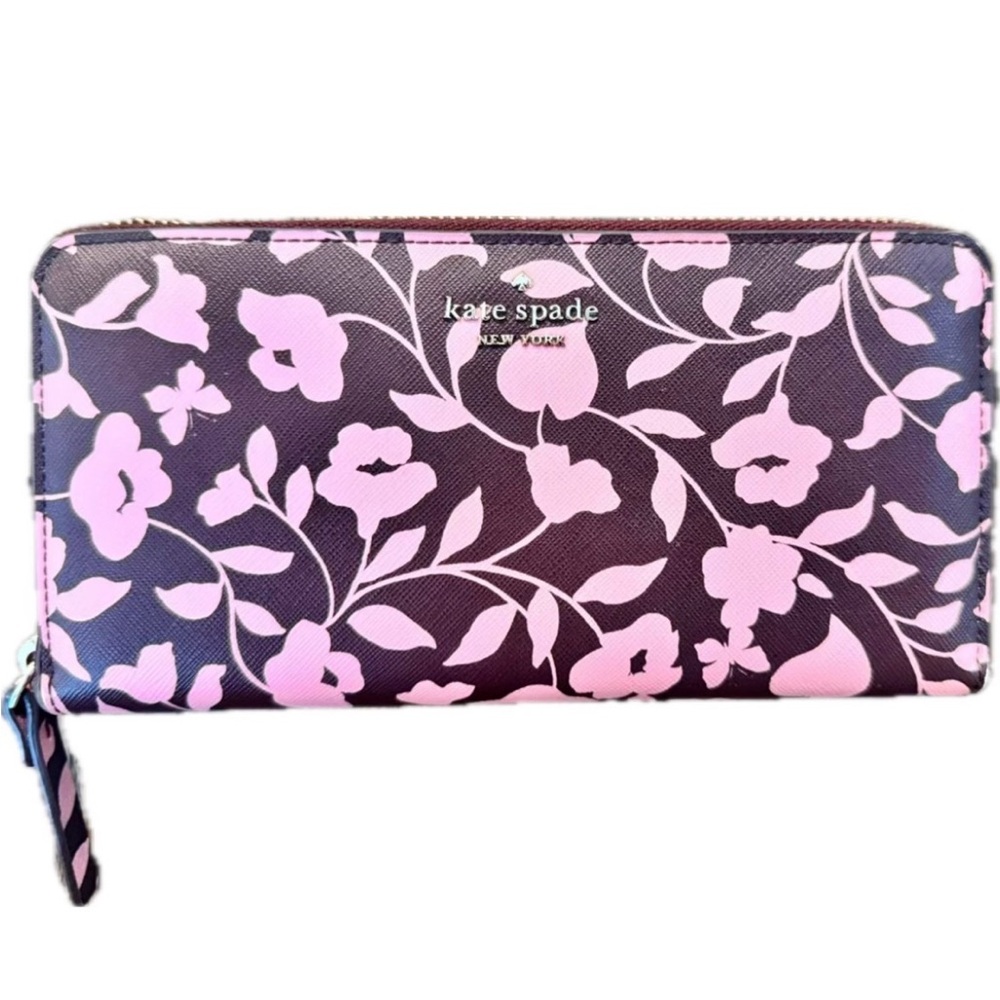 Kate Spade Laurel Pink Burgundy Floral Zip continental Wallet - like new